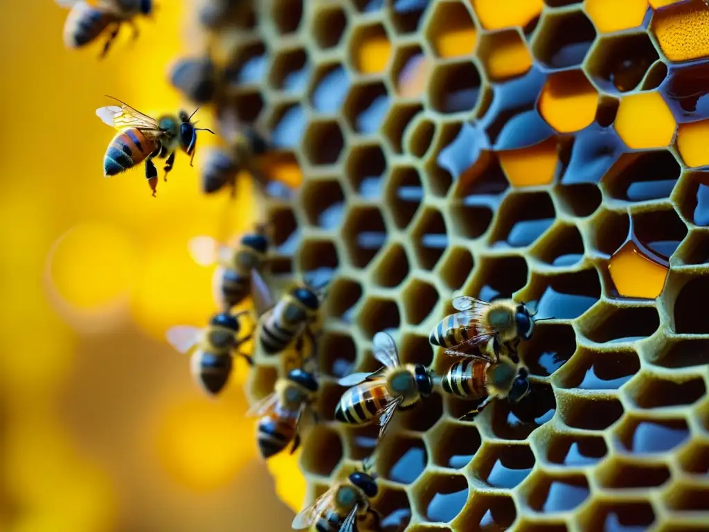 Un panal de miel dorada goteando, rodeado de abejas trabajadoras