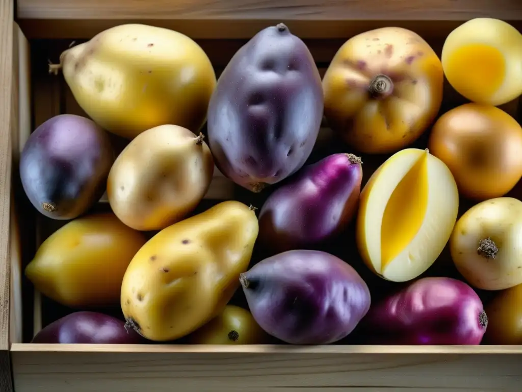 Papas de herencia en cajón rústico, variedad de colores y formas