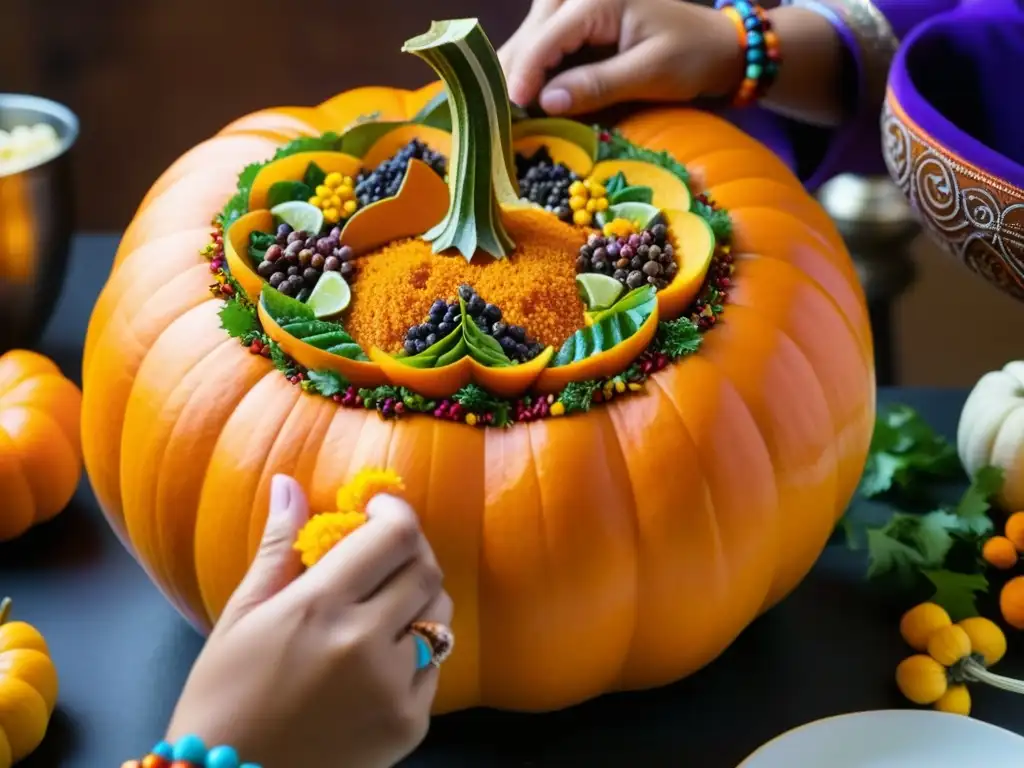 Un par de manos esculpen con delicadeza diseños en una calabaza naranja vibrante, rodeada de especias exóticas