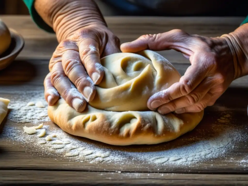 Un par de manos envejecidas trabajan la masa en una mesa de madera, transmitiendo sabiduría culinaria ancestral