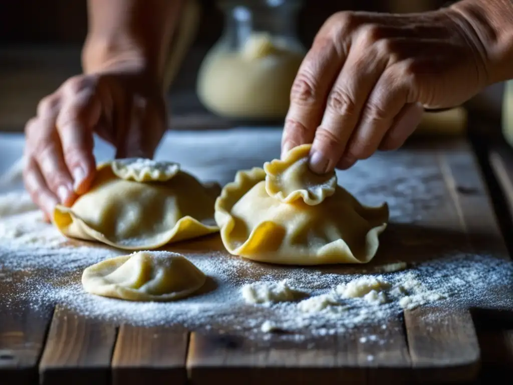 Un par de manos envejecidas expertamente amasan masa para pierogi, mostrando la esencia de Recetas históricas Telón de Acero