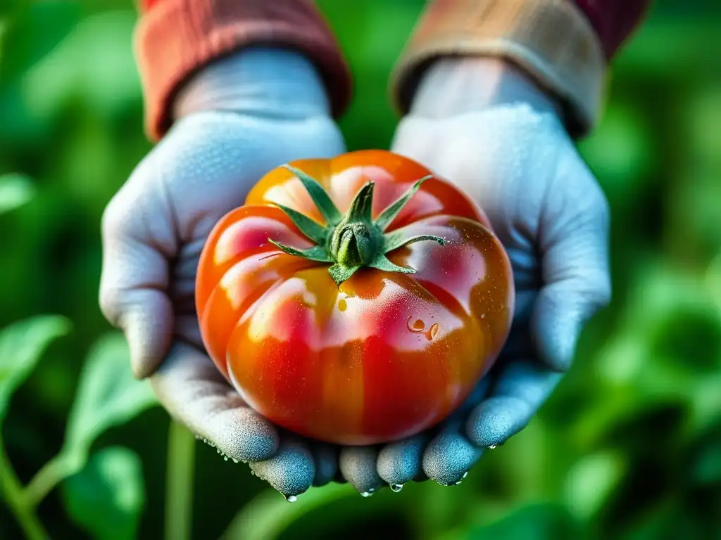 Un par de manos envejecidas sostienen con reverencia un tomate heirloom recién cosechado en un paisaje de granja orgánica