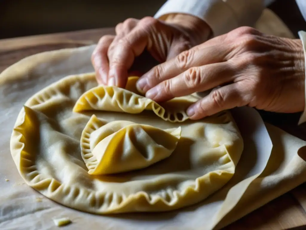 Un par de manos experimentadas amasan masa para pierogi, con un libro de recetas históricas Telón de Acero al fondo