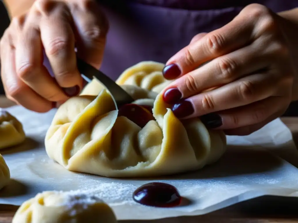 Un par de manos expertas moldeando con cuidado un knödel de ciruela, mostrando la receta tradicional