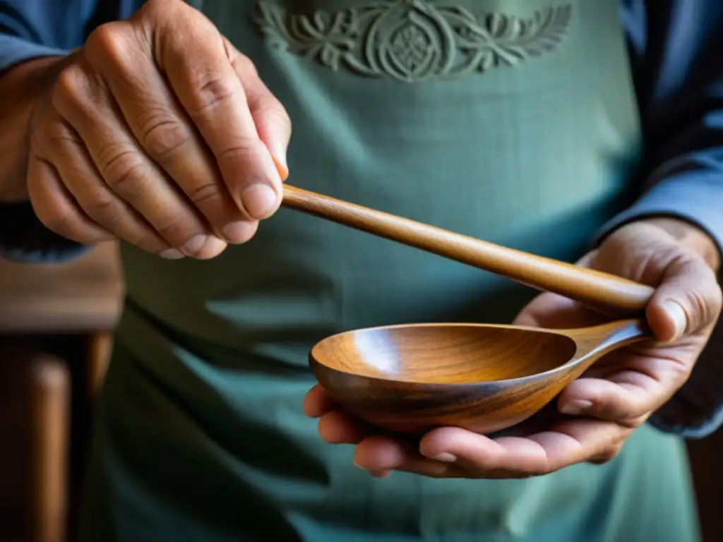 Manos expertas acarician cuchara antigua de madera Un par de manos expertas sostienen con delicadeza una cuchara de madera centenaria, resaltando sus detalles y pátina
