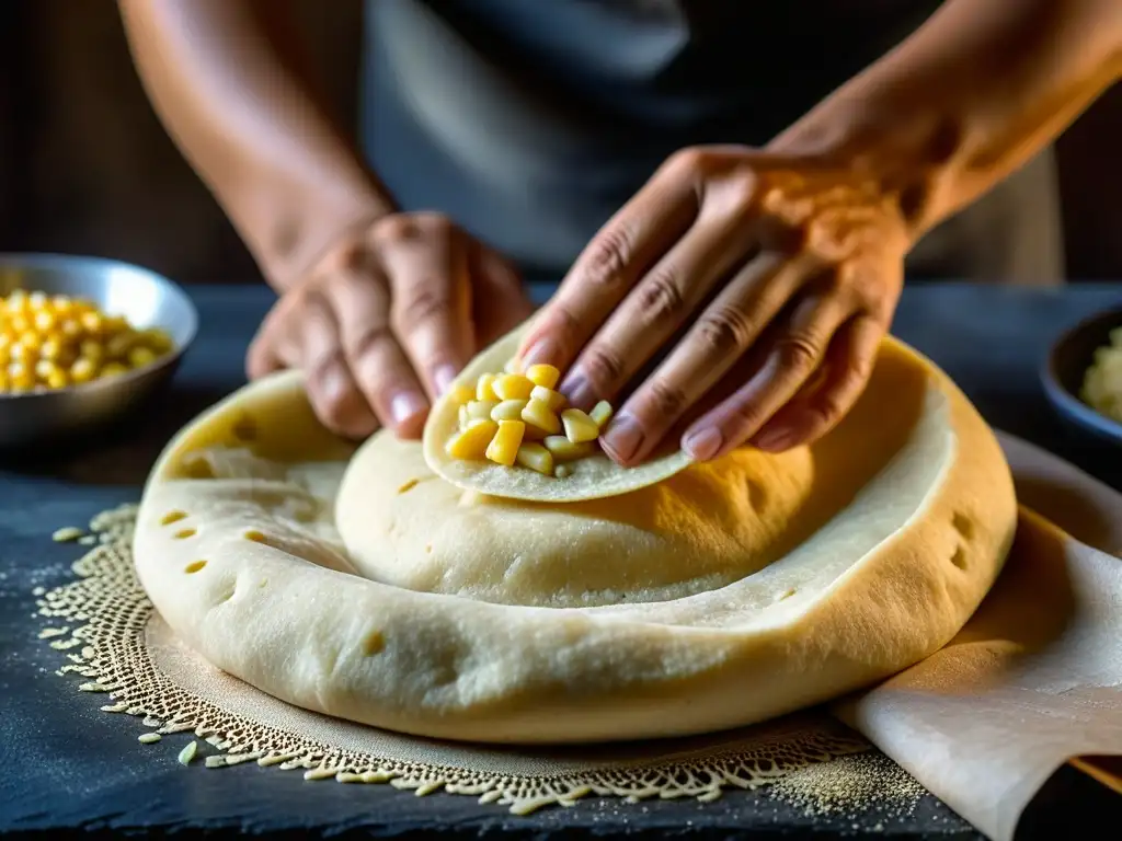 Un par de manos expertas moldean con destreza la masa de nixtamal, resaltando la historia del nixtamal y tortillas