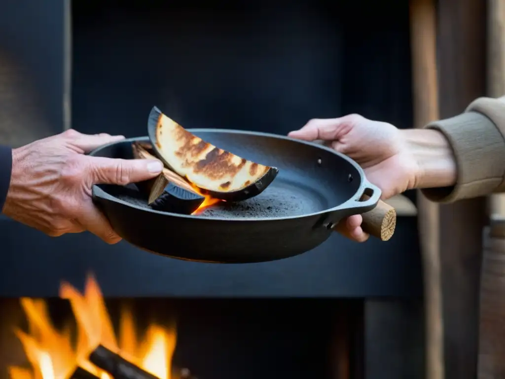 Manos expertas sostienen sartén centenaria sobre fuego Un par de manos expertas sostienen una sartén de hierro sobre el fuego, resaltando la conexión con la tradición culinaria