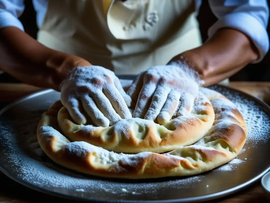 Un par de manos expertas amasan la masa elástica para lángos, mostrando la preparación tradicional con detalle