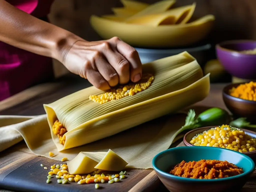 Un par de manos expertas moldean masa de colores para hacer tamales, reflejando la rica historia cultural de recetas mestizas