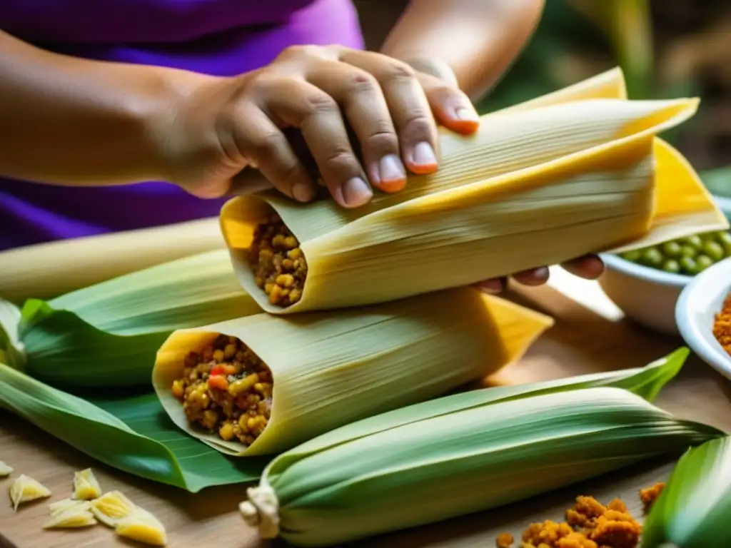 Un par de manos expertas envuelven un tradicional tamal maya, resaltando los colores y texturas