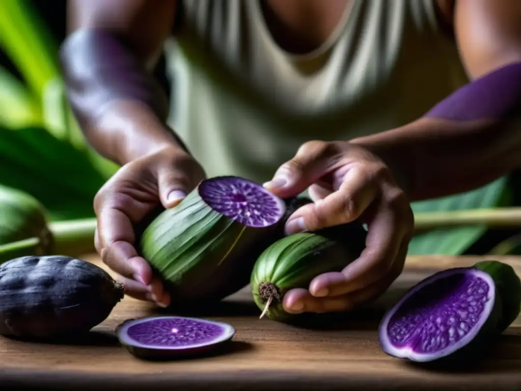 Un par de manos pelando suavemente una fresca raíz de taro, resaltando sus texturas y tonos púrpuras