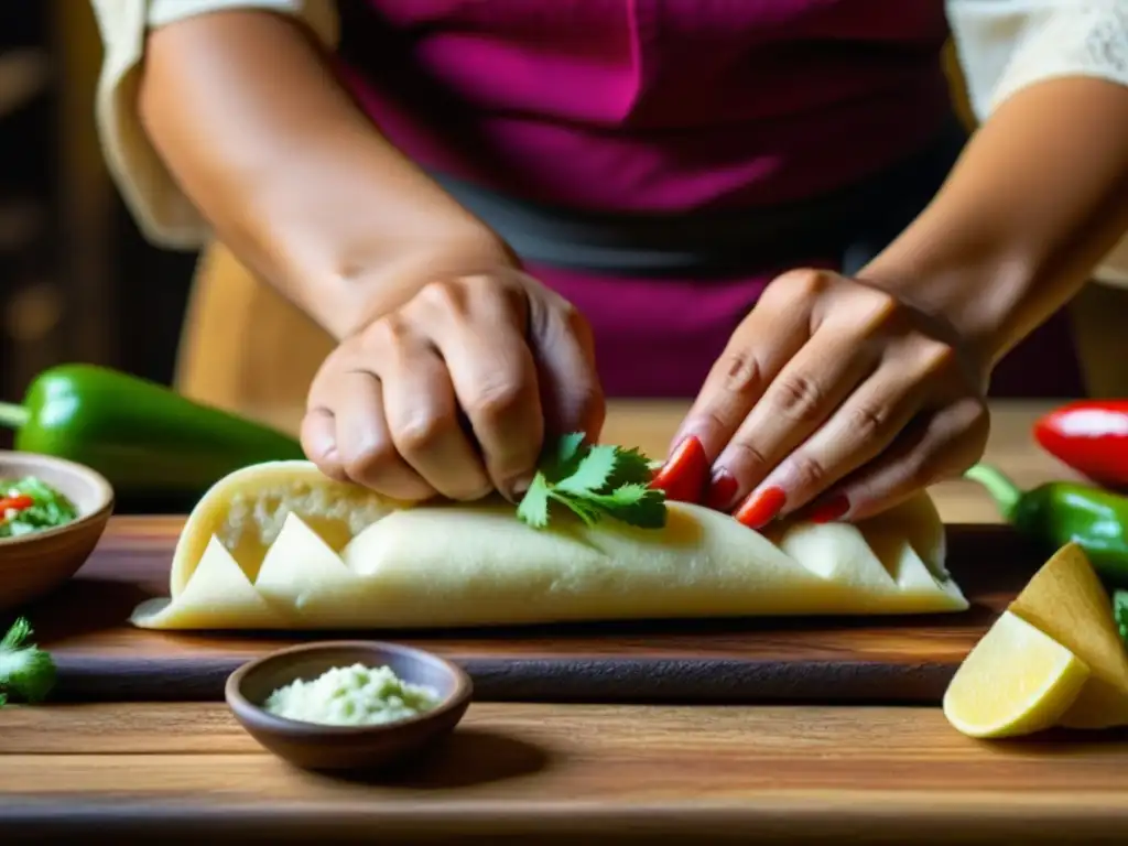 Un par de manos hábiles creando un antojito mexicano tradicional con ingredientes vibrantes