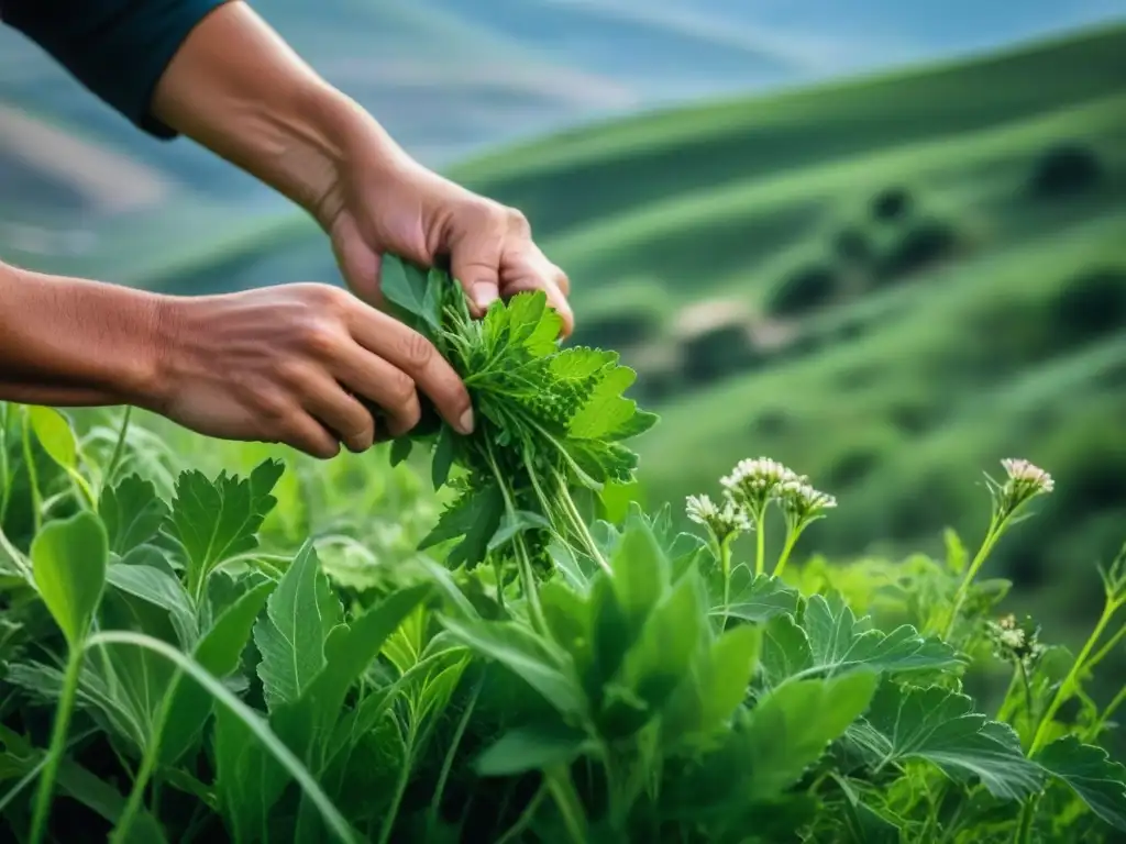 Un par de manos hábiles recolectando hierbas silvestres en la exuberante campiña armenia