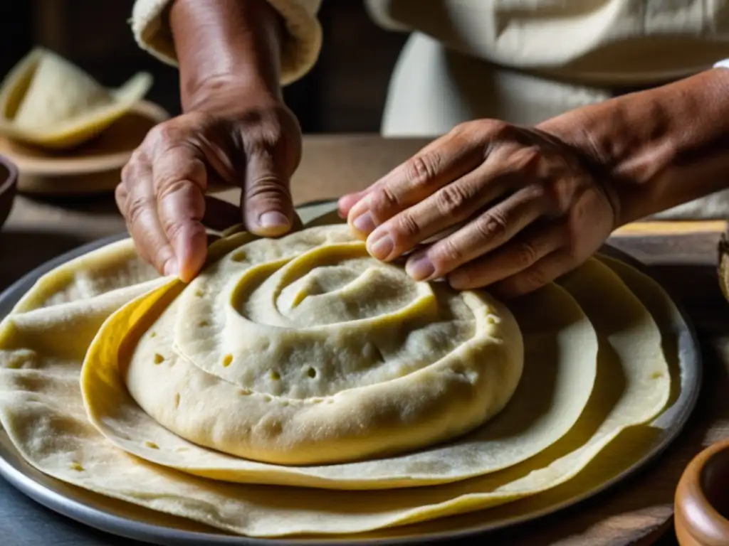 Un par de manos hábiles moldeando masa en tortillas de maíz en revolución, rodeadas de utensilios y un comal rústico