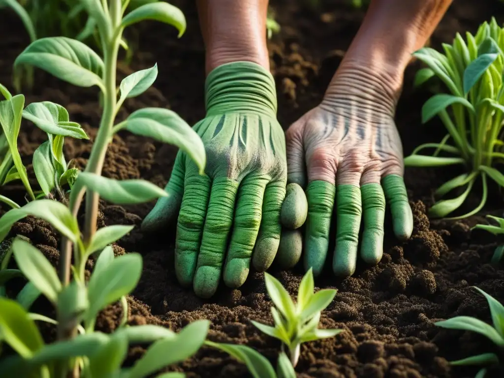 Un par de manos trabajadas por el tiempo cuidan con esmero un jardín orgánico vibrante, mostrando la importancia cultural de los productos orgánicos