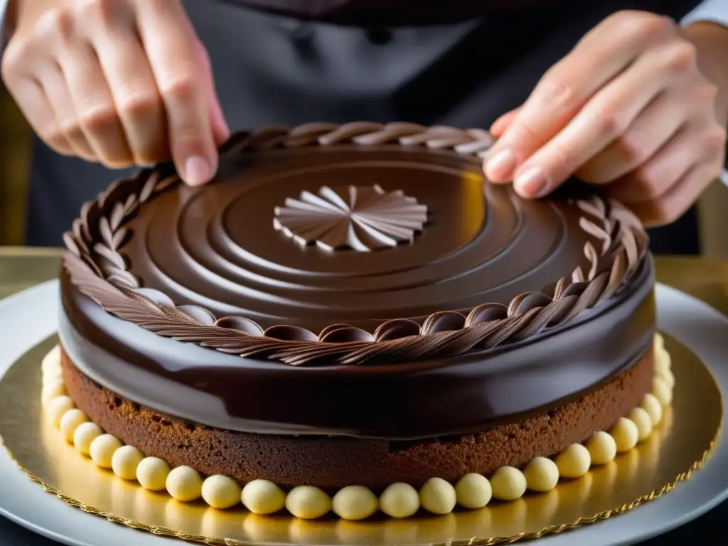 El hábil chef pastelero decora con precisión una auténtica Sacher Torte Viena