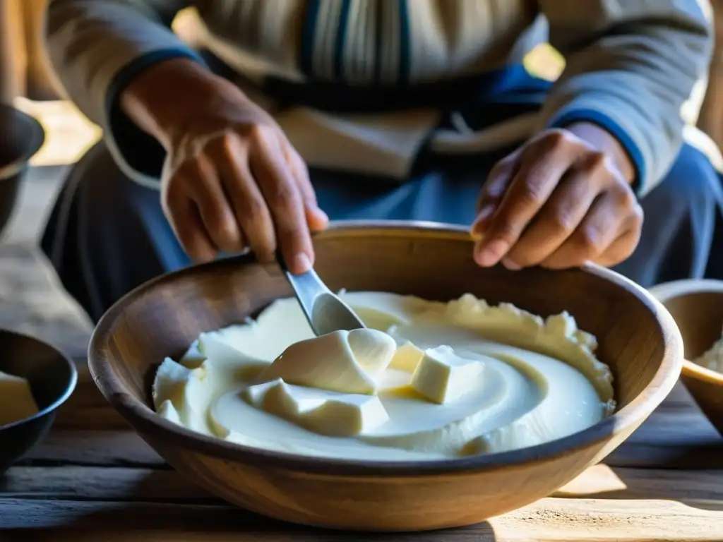 Pastoreo nómada en Asia Central elaborando yogurt tradicional en cuenco de madera