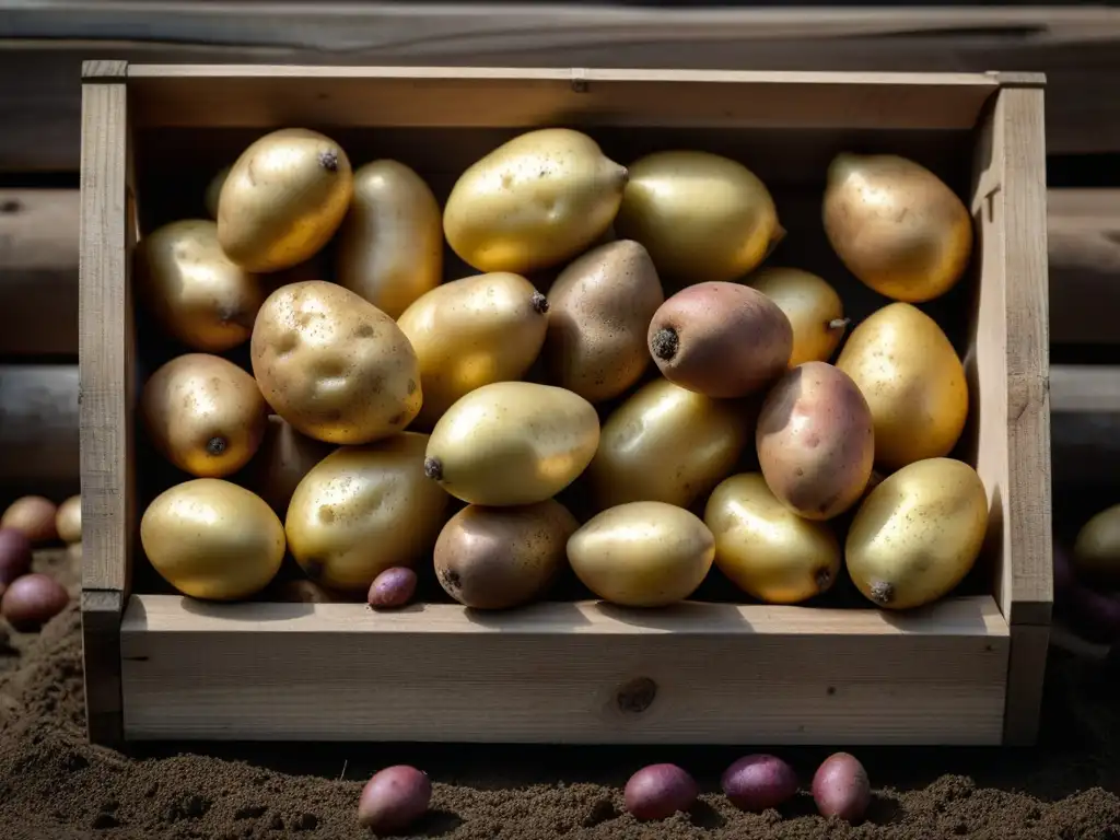 Patatas recién cosechadas en caja de madera, resaltando la diversidad de formas y tamaños