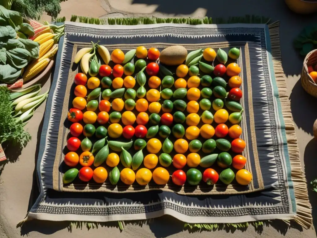 Un patio de piedra antiguo lleno de frutas y verduras secándose al sol