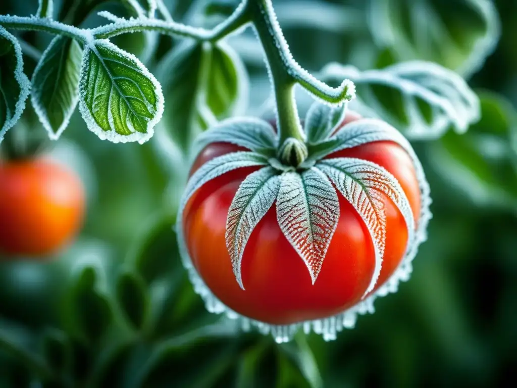 Patrones de escarcha en planta de tomate rojo en invernadero de Escandinavia, destacando la belleza de la cocina de invernadero en Escandinavia