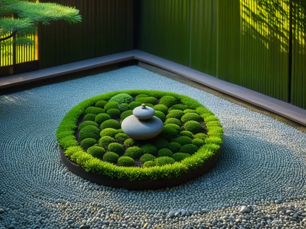 Jardín Zen en Kyoto, Japón: patrones de grava, musgo verde, rocas equilibradas y bonsái