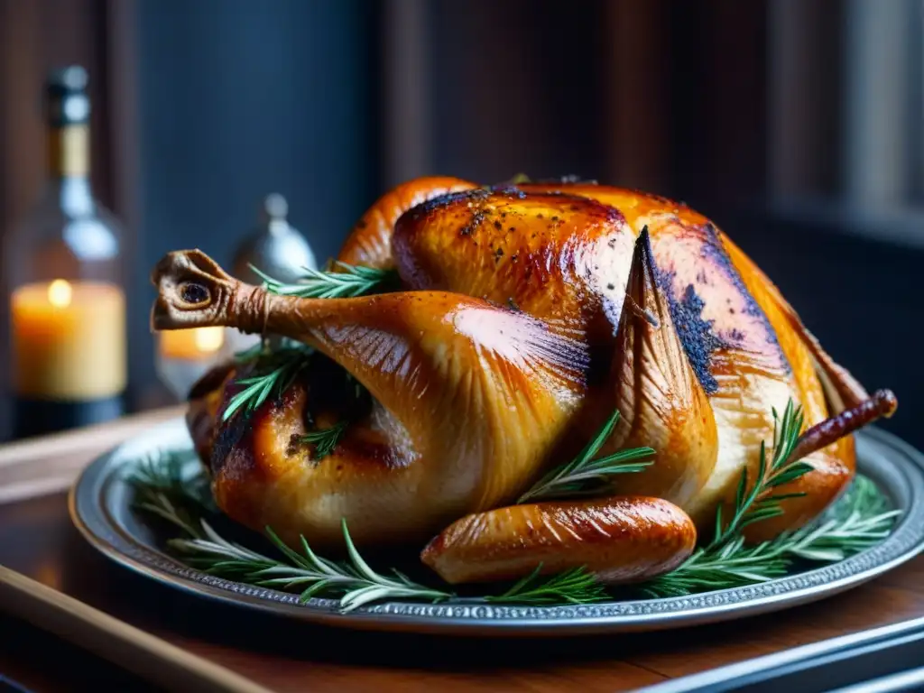 Un pavo dorado perfectamente asado, rodeado de romero y tomillo frescos, descansa en una fuente plateada vintage