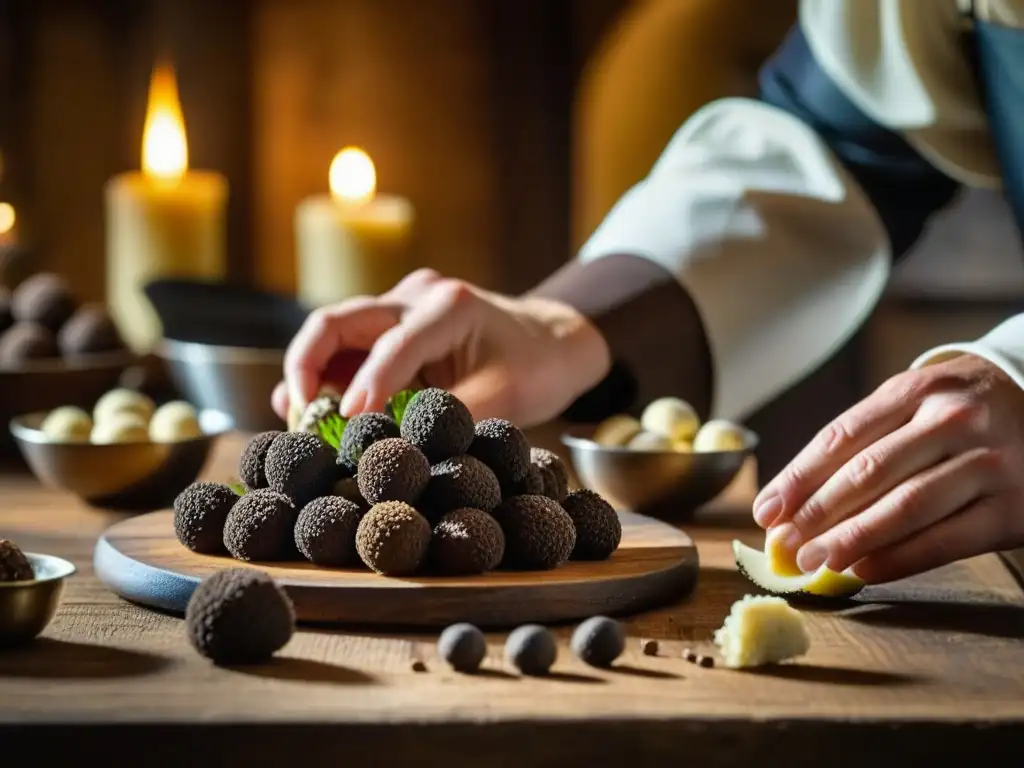 En la penumbra de una cocina medieval, el chef corta trufas con precisión