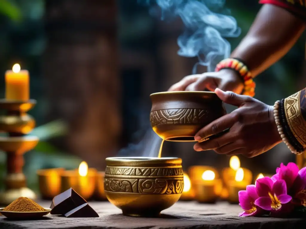 En la penumbra de un templo, un ritual maya con cacao en una copa dorada