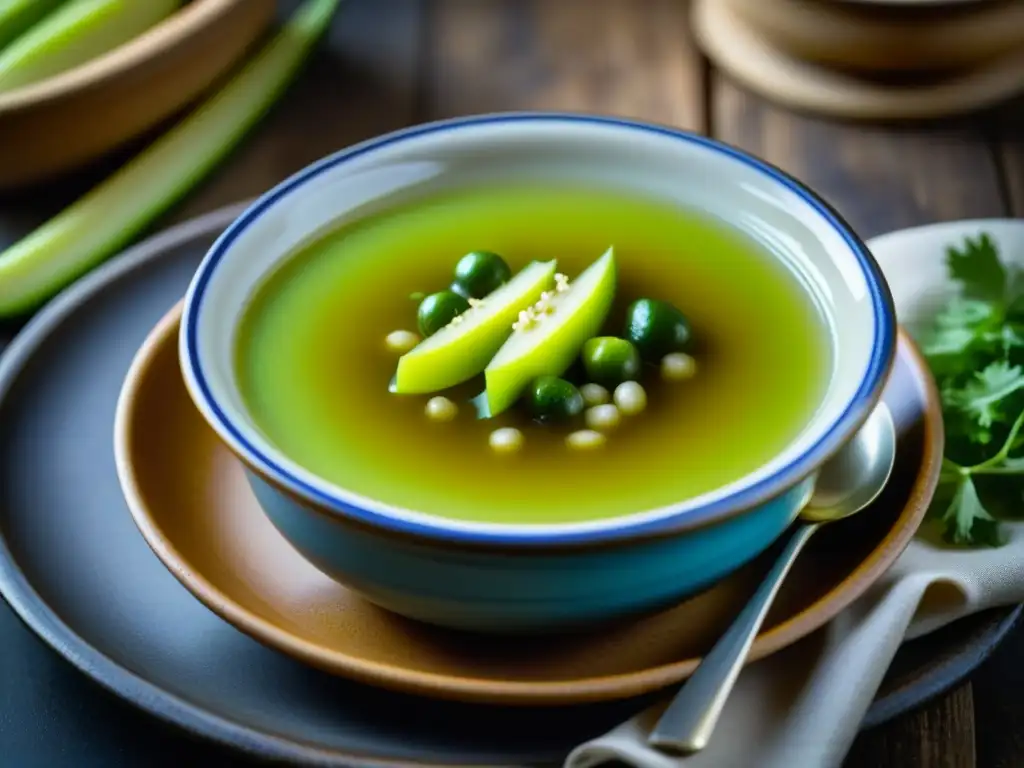 Un pepinillo verde vibrante en sopa rusa tradicional, detallado y sumergido en un cuenco de cerámica rústico