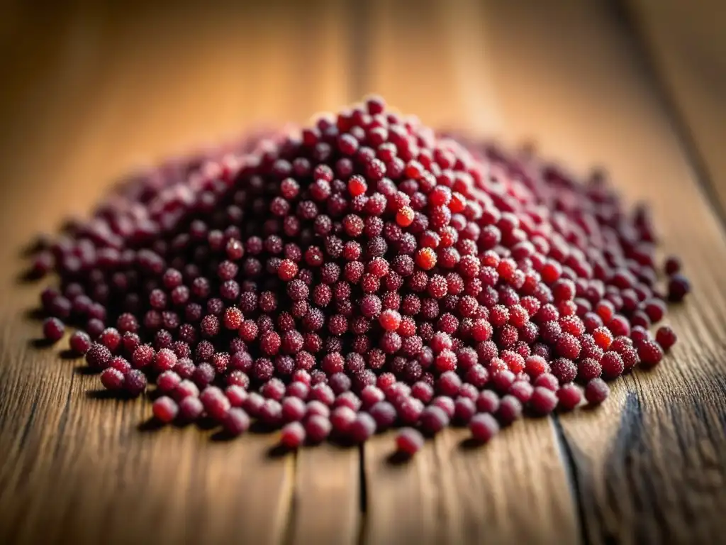 Pequeñas semillas de amaranto en una superficie de madera, resaltando su valor nutricional y origen azteca