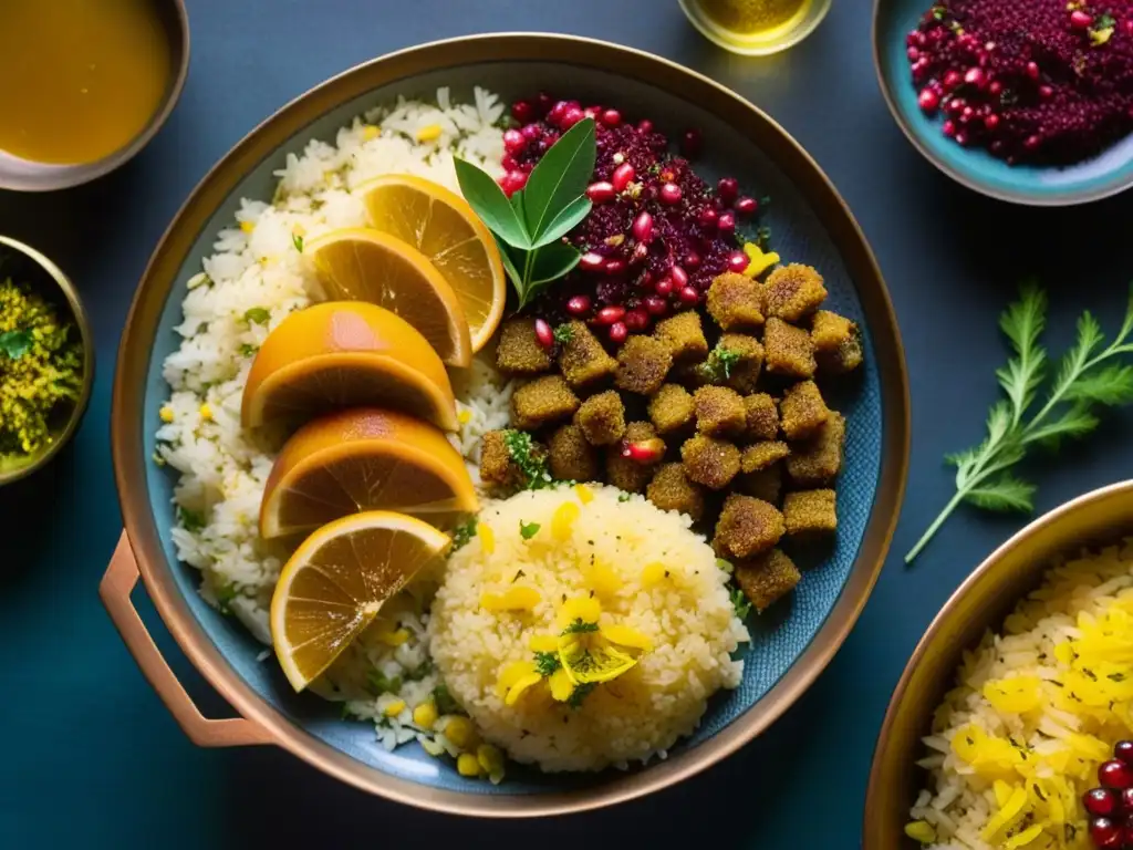 Un festín persa de colores vibrantes con arroz de azafrán, granadas, tahdig dorado, kebabs y estofado de cordero en olla de cobre