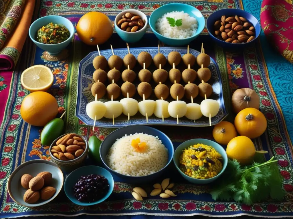 Un festín persa detallado, vibrante y artístico en mesa tradicional
