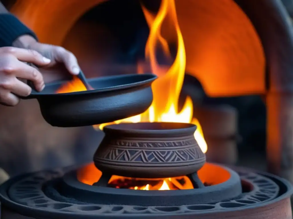 Persona cocinando en estufa de barro antigua sobre fuego abierto, evocando el uso histórico de combustibles sostenibles