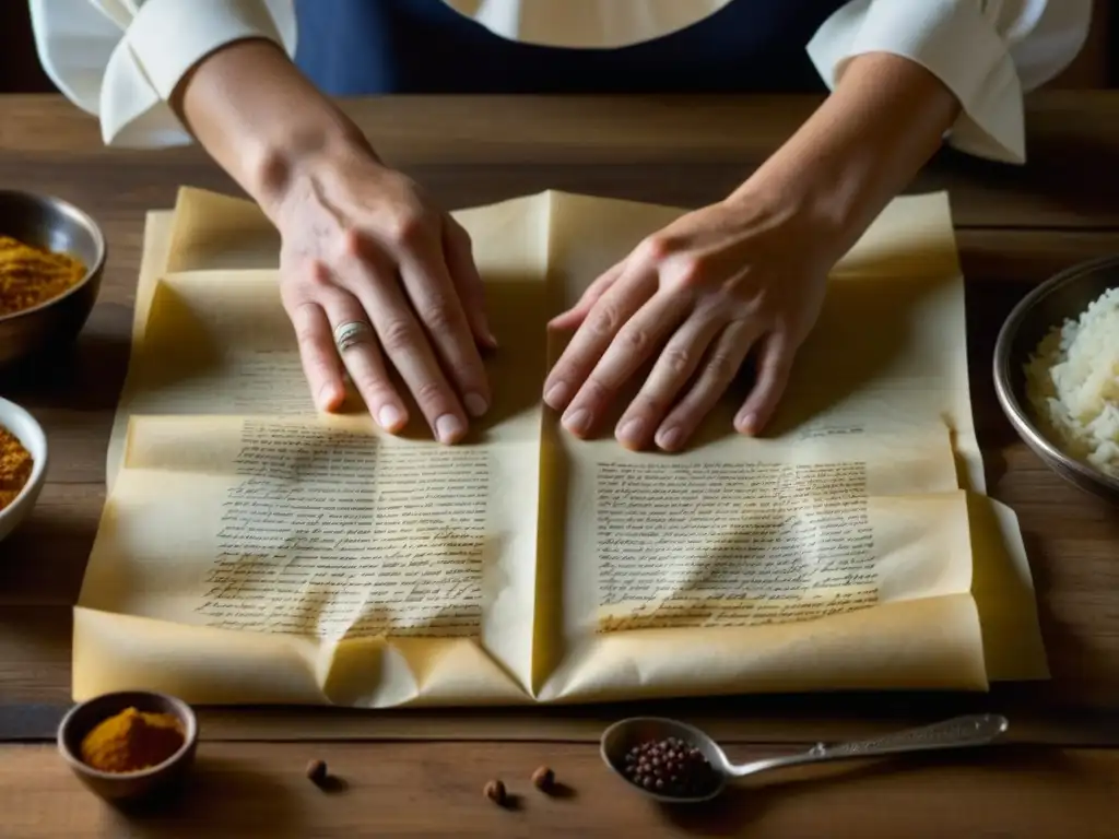 Persona dobla receta histórica con manos sobre pergamino en mesa de cocina antigua