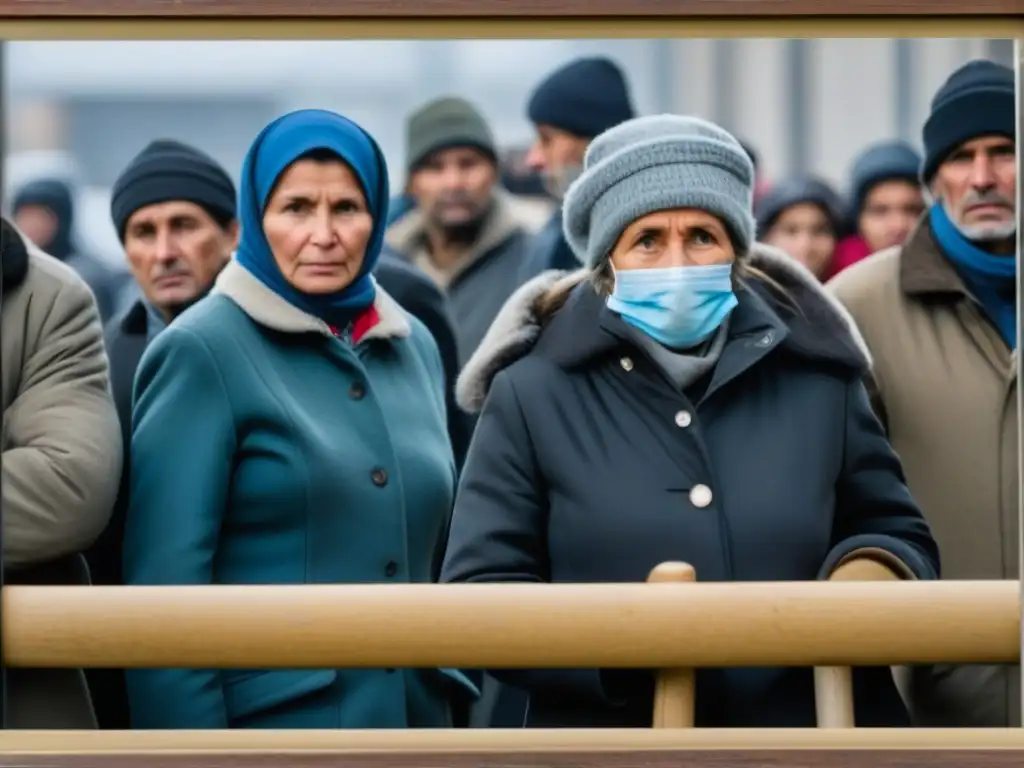 Personas esperando en fila en centro de distribución de alimentos en Europa del Este