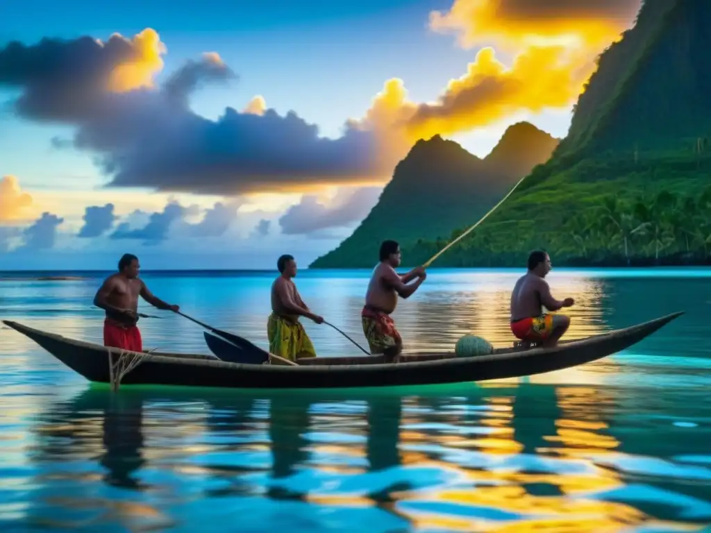 Pesca tradicional al amanecer en Micronesia: pescadores locales unidos en sus prácticas tradicionales, destacando su cultura y habilidad