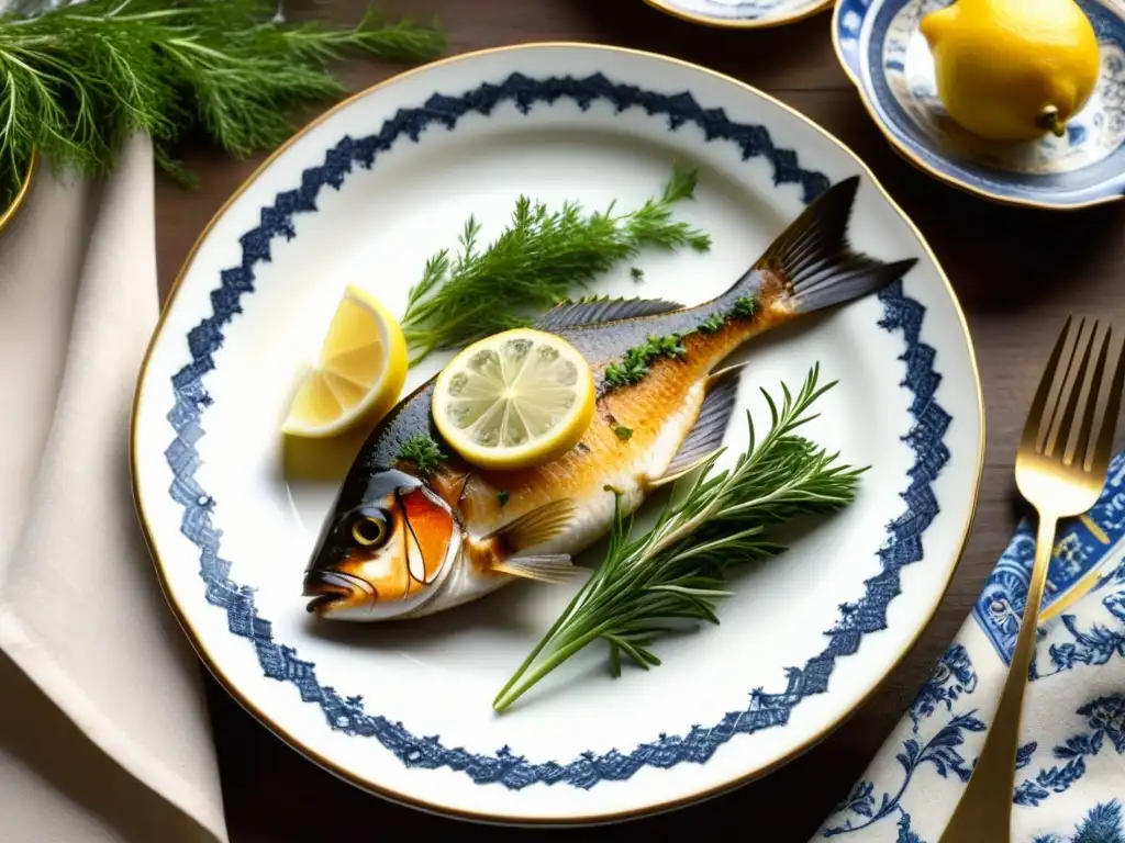 Pescado frito dorado y decorado en plato ruso antiguo, evocando recetas históricas de Cuaresma rusa