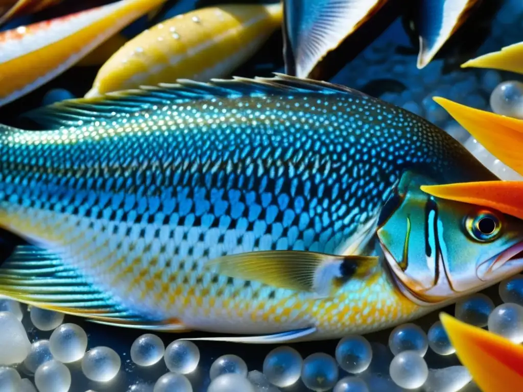 Un pescado mediterráneo vibrante recién capturado rodeado de mariscos frescos en un mercado pesquero costero