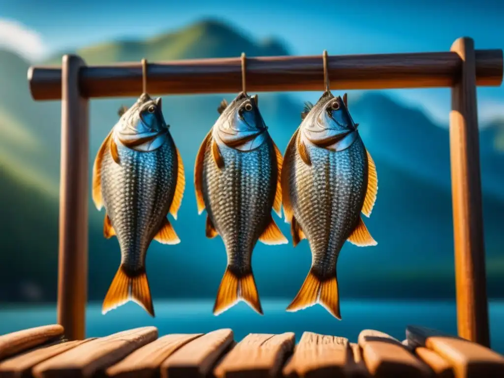 Pescado seco alimentación nórdica: Detalle de un pescado seco nórdico colgado en un rack de madera, resaltando los cristales de sal bajo el sol