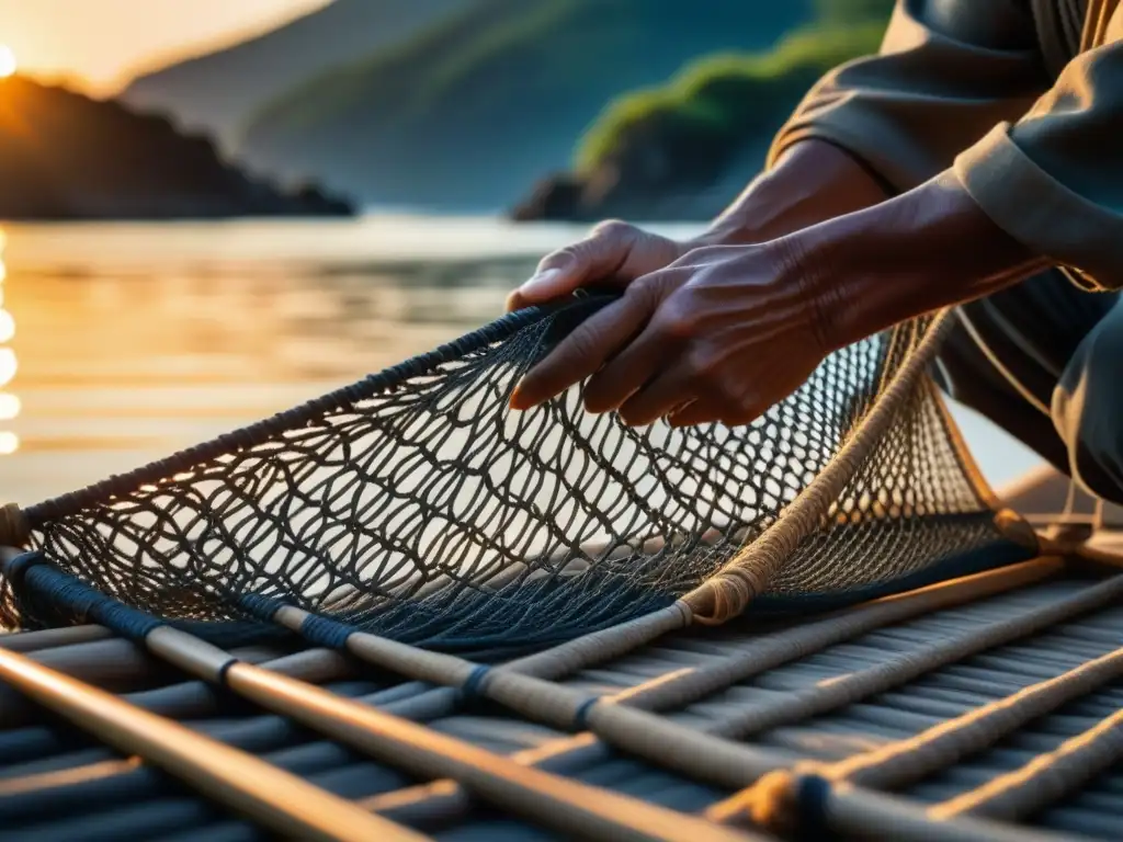 El pescador de la Era Edo teje con destreza una red tradicional japonesa en el río al amanecer, destacando la importancia de la pesca en la dieta