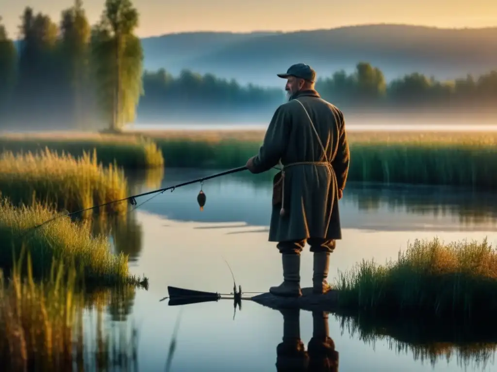 Un pescador eslavo en un lago tranquilo al amanecer, mostrando la importancia histórica del consumo de pescado en Eslavia