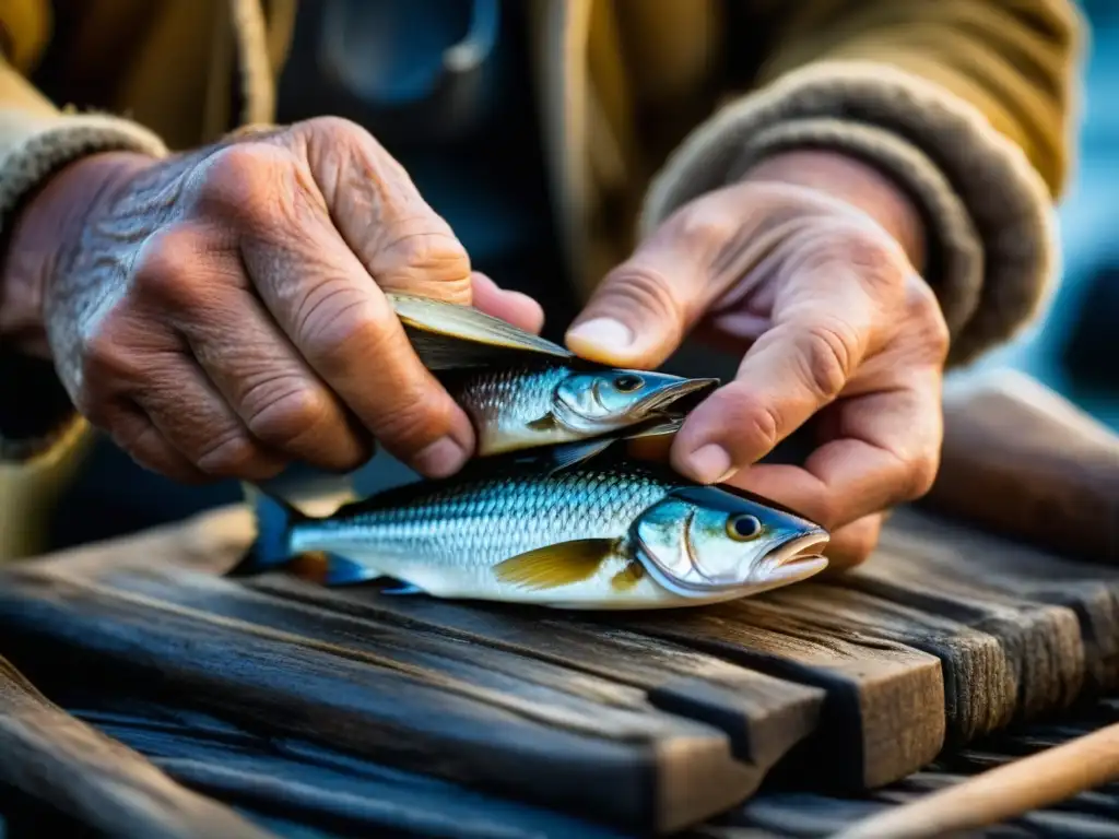 Un pescador eslavo preparando pescado fresco, resaltando la importancia histórica del consumo de pescado en Eslavia