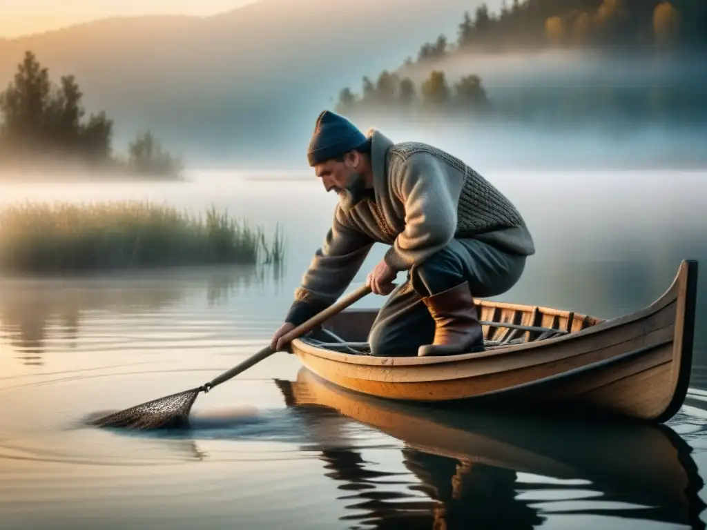 Un pescador eslavo tradicional captura la importancia histórica del consumo de pescado en Eslavia en un lago neblinoso al amanecer