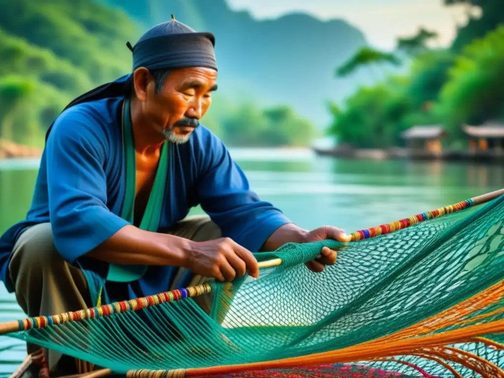 Un pescador experto de una antigua cultura asiática tejiendo una red de pesca tradicional con técnicas sostenibles