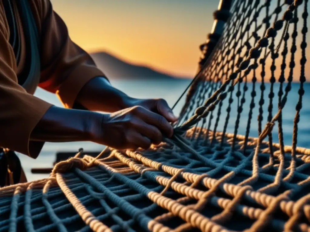 Un pescador experto en técnicas samurái, trenzando con destreza nudos en una red tradicional frente al mar al amanecer