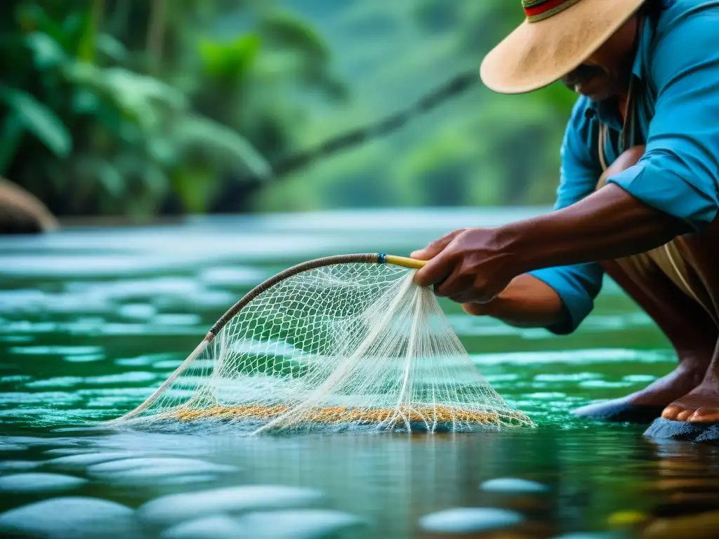 Un pescador indígena experto lanza una red tradicional en un río cristalino, mostrando cada detalle de la antigua técnica de pesca