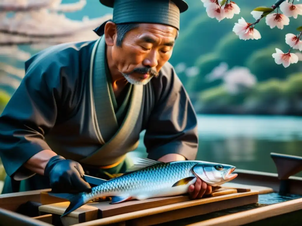 Un pescador japonés de la Era Edo prepara con esmero un pescado fresco, destacando su conexión con la naturaleza