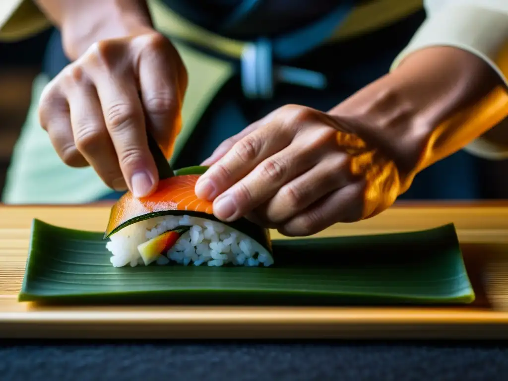 Un pescador japonés experto elaborando sushi con destreza, mostrando la dedicación en la preparación de una comida para un samurái