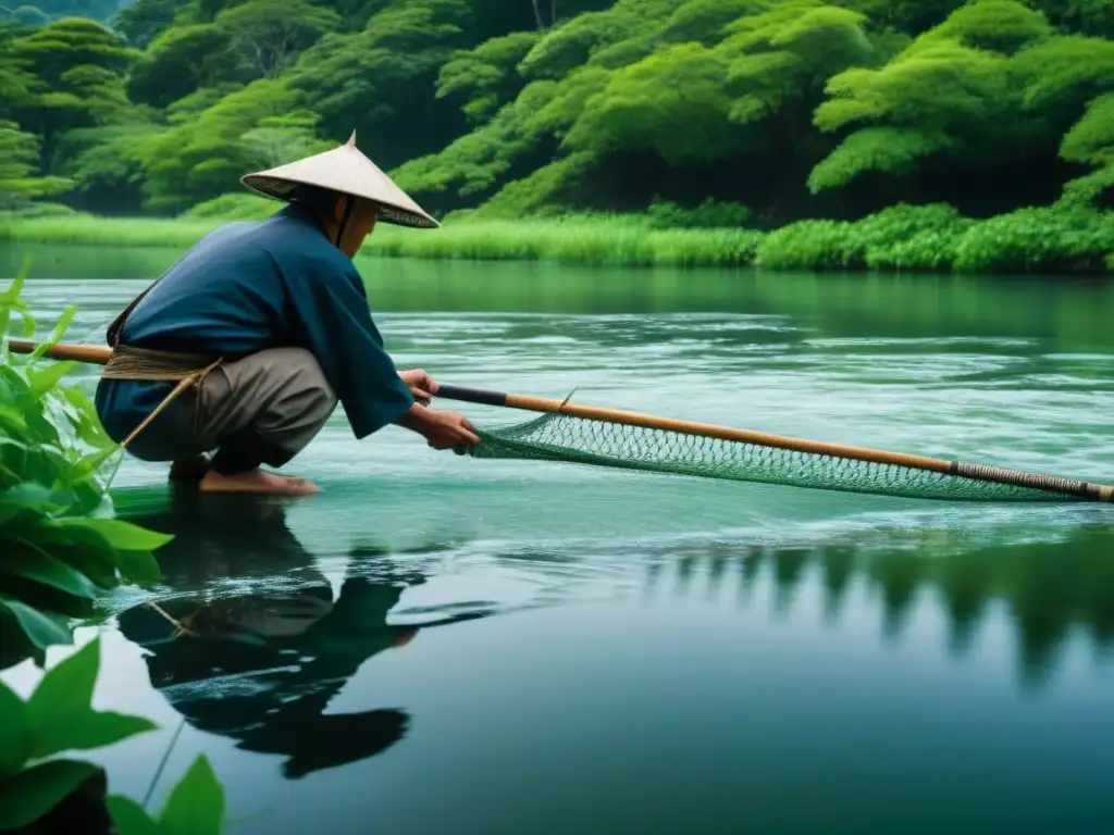 Un pescador japonés medieval lanza su red en un río sereno y cristalino, rodeado de exuberante vegetación