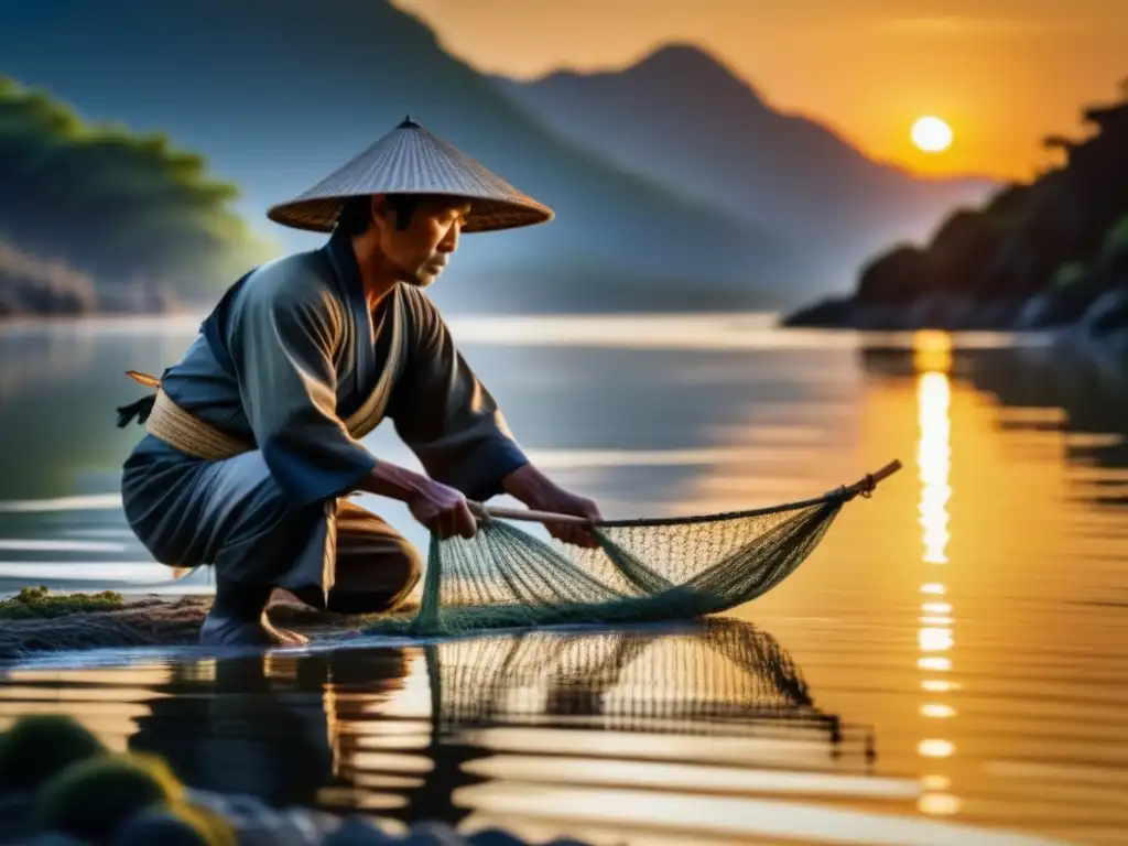 Pescador japonés en río neblinoso al amanecer practicando alimentación sostenible Japón medieval